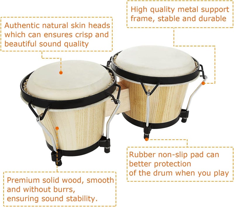 APACALI Bongo Drums 2 Set 6" and 7" Drum Set Bongos for Adults, Musical Latin Percussion Instruments Traditional Wood Bongos with Tuning Wrench - Image 3